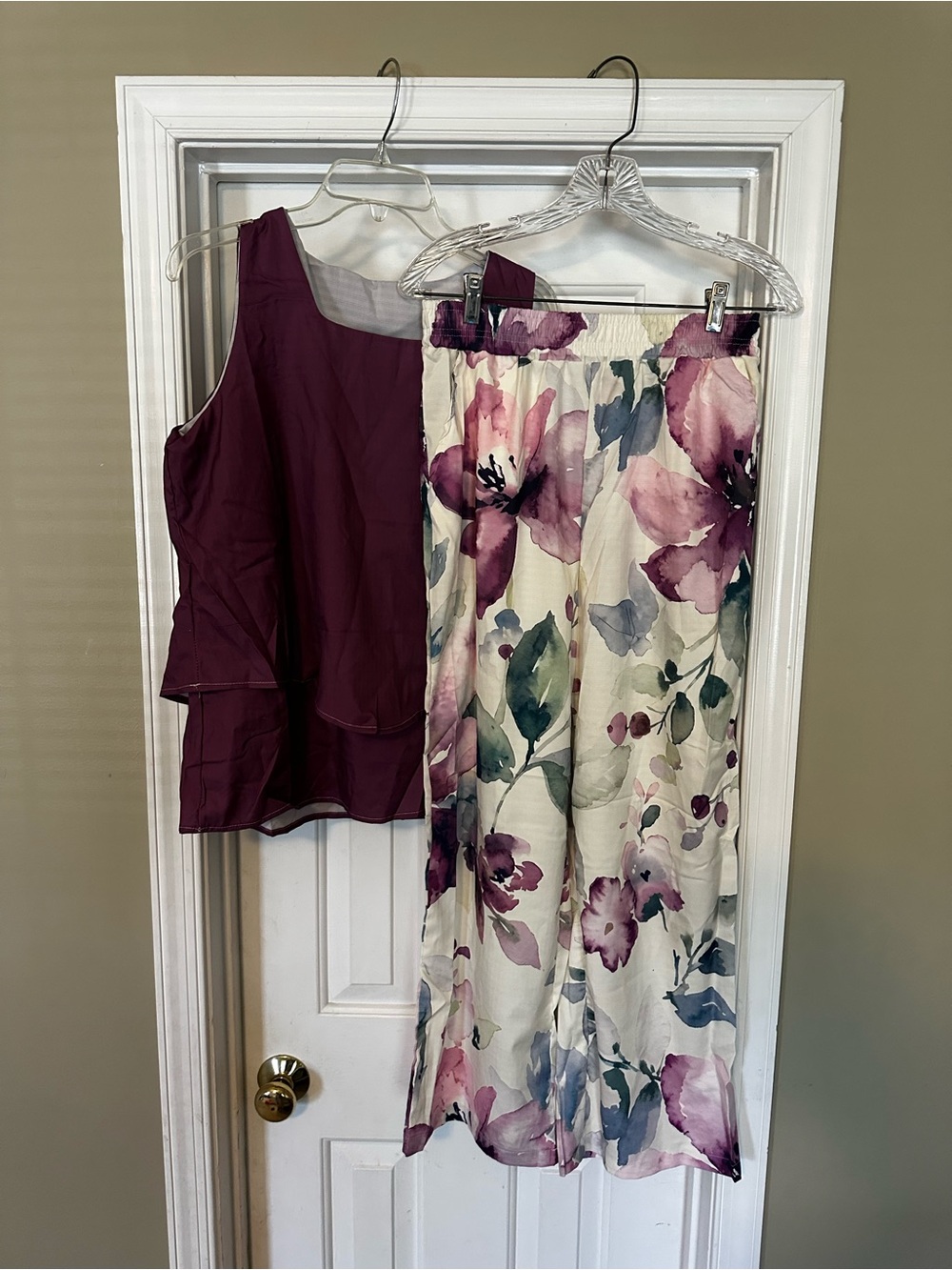 Cream Floral Wide-Leg Pants with Plum Tank Top